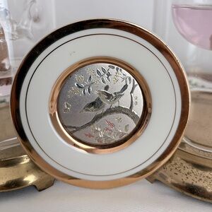 Vintage Japan Art of Chokin Etched Copper 4" Plate w/ 24 k gold